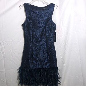 NWT DAVID MEISTER Navy Jacquard Feather-Hem Cocktail Dress